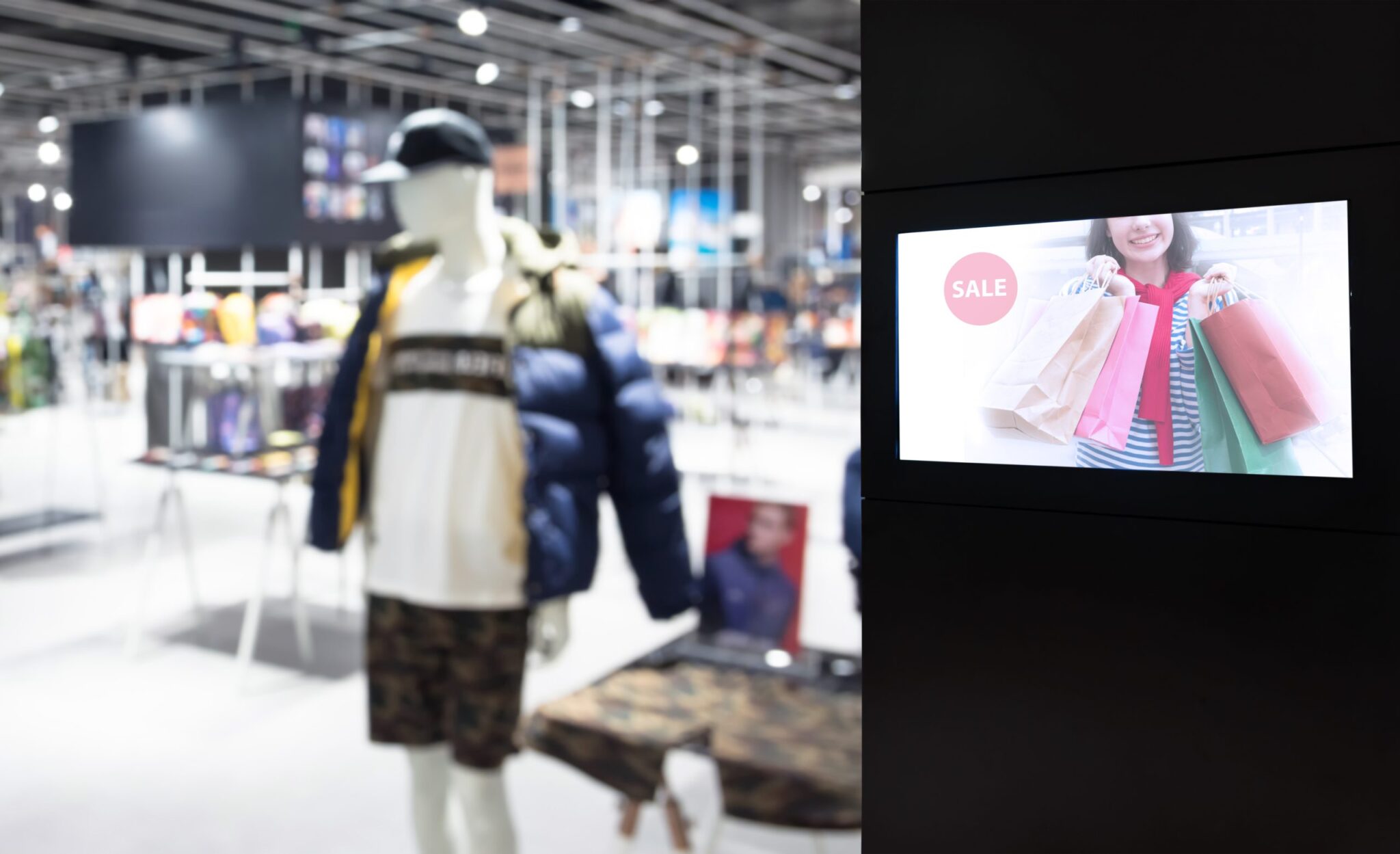 Intelligent Digital Signage , Augmented reality marketing and face recognition concept. Interactive artificial intelligence digital advertisement in fashion retail shopping Mall.
