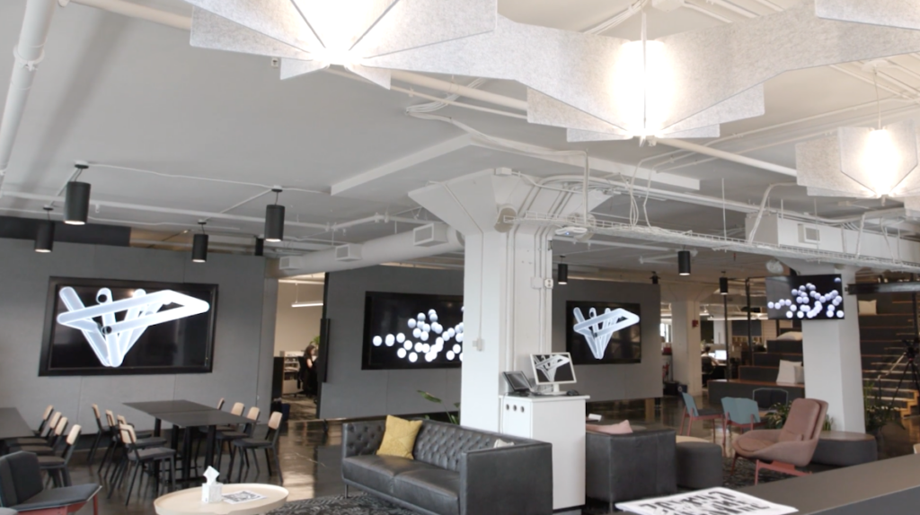 office lobby featuring electronic display boards