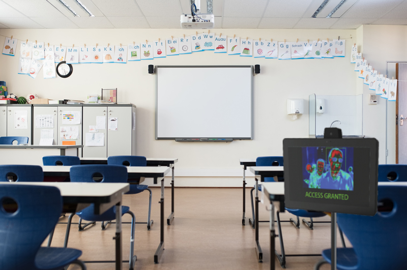 Classroom set up with Tauri temperature check station