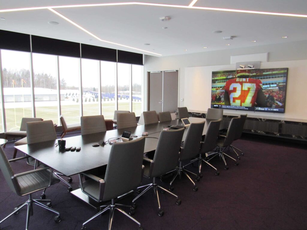 A conference room at the Minnesota Vikings training facility is outfitted with EDC Audio Visual systems