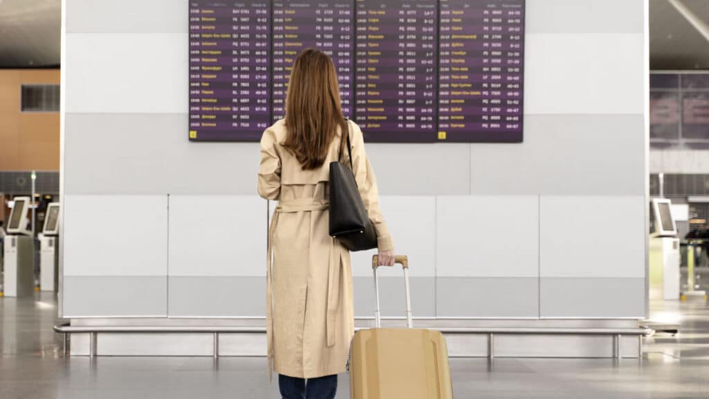 woman looking at airport monitor
